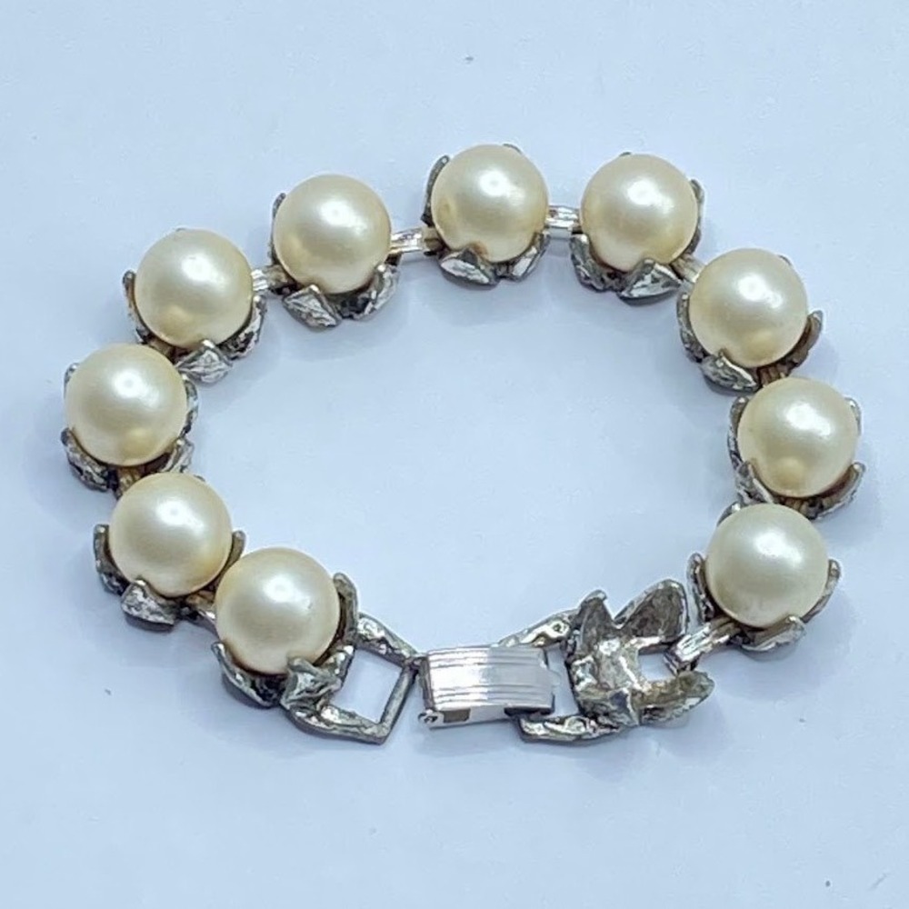 Judy Lee Womens Vintage Faux Pearl Link Bracelet Silver Tone Cream 7.5in